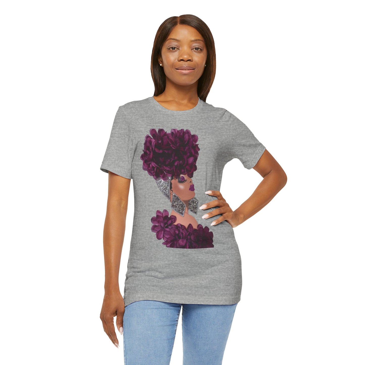 Floral Crown Fashion Tee — Glam Portrait Shirt with Purple Bloom Design