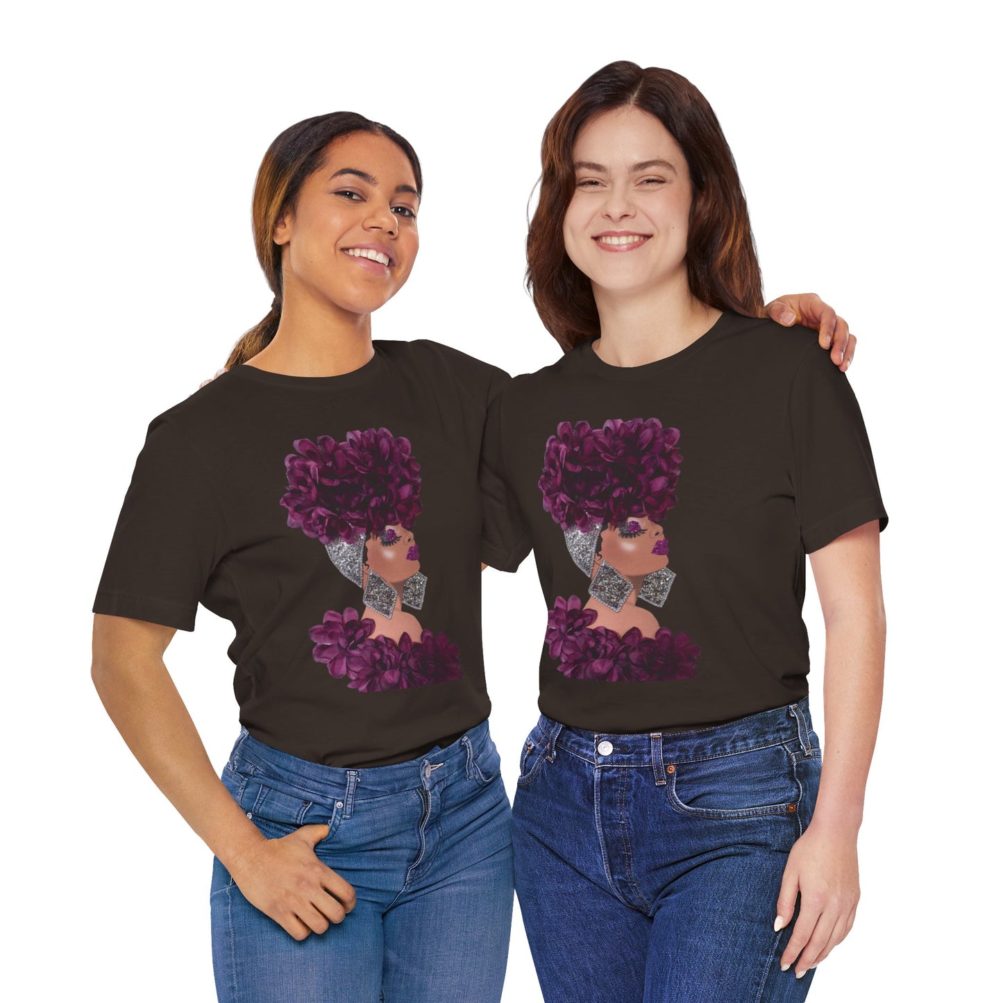 Floral Crown Fashion Tee — Glam Portrait Shirt with Purple Bloom Design