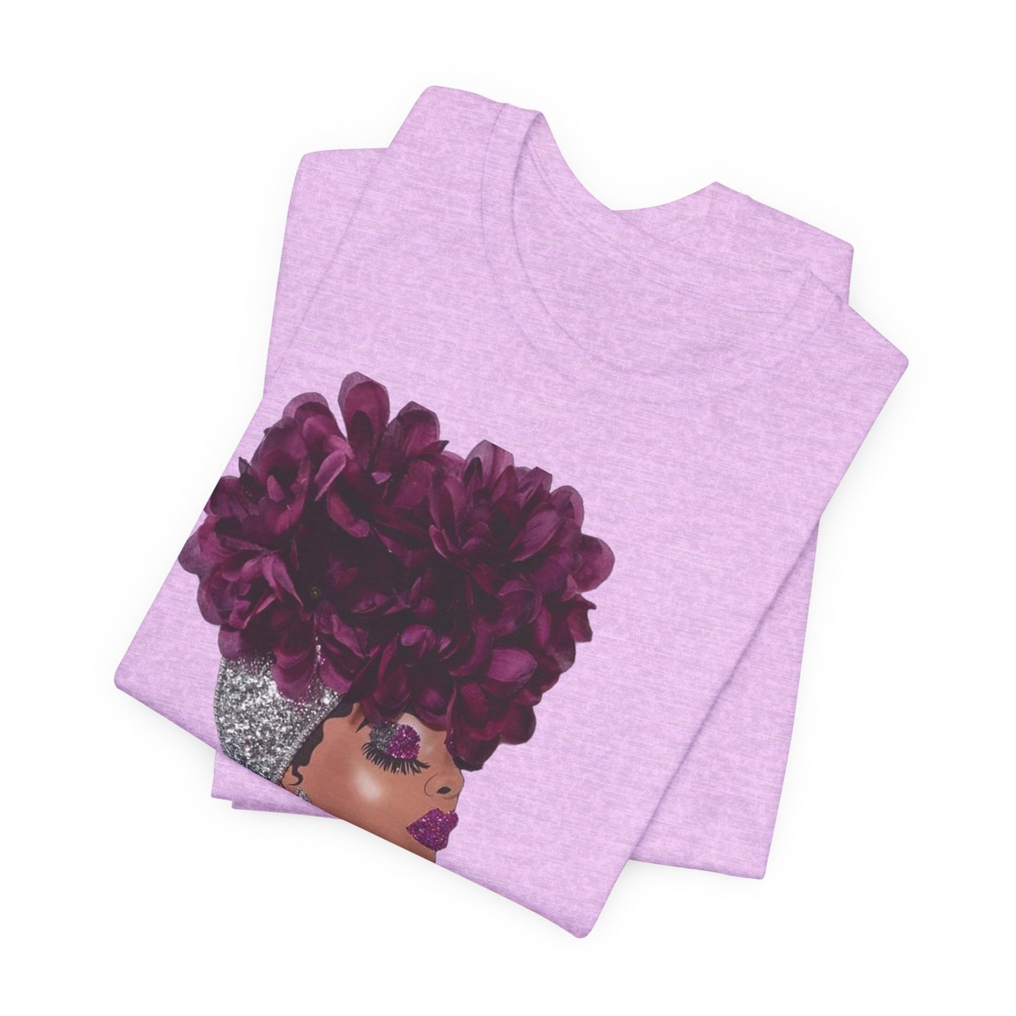 Floral Crown Fashion Tee — Glam Portrait Shirt with Purple Bloom Design