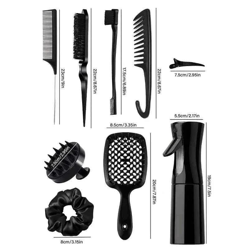 WANMEI 12pcs set Hair Styling Comb Set - Includes Rat Tail Edge Brush & Smooth Black Brush Barber Styling Tools for All Hair Typ