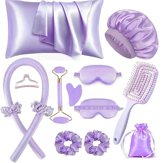 13PCS New Arrival Silk Sleep Hat And Eye Mask Set For Women No Heat Curling Iron Home Use Lazy Simulation Silk Hair Curler Kit