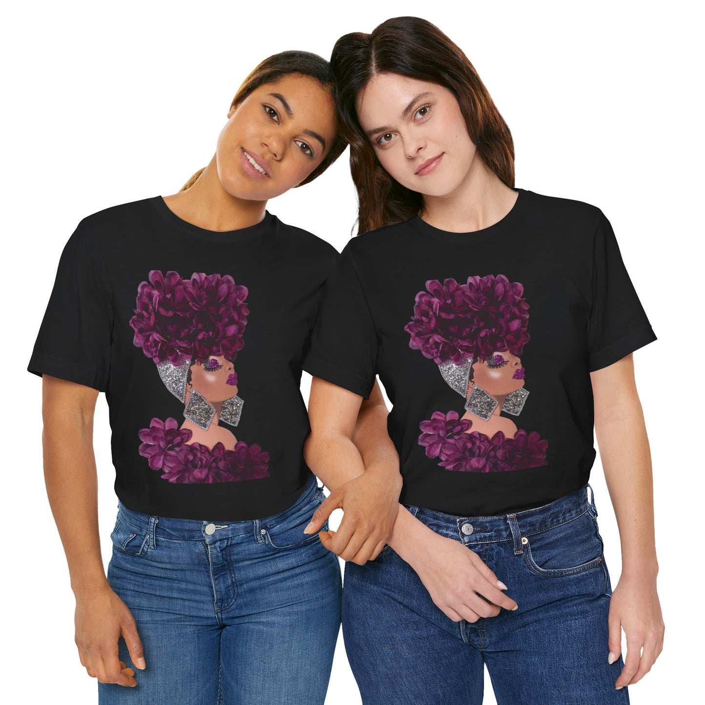 Floral Crown Fashion Tee — Glam Portrait Shirt with Purple Bloom Design