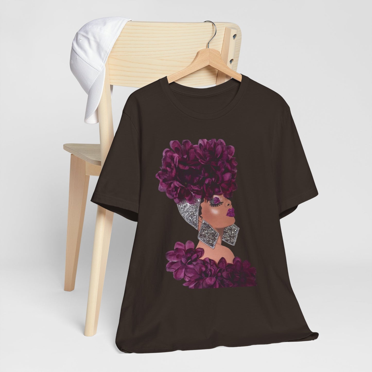 Floral Crown Fashion Tee — Glam Portrait Shirt with Purple Bloom Design