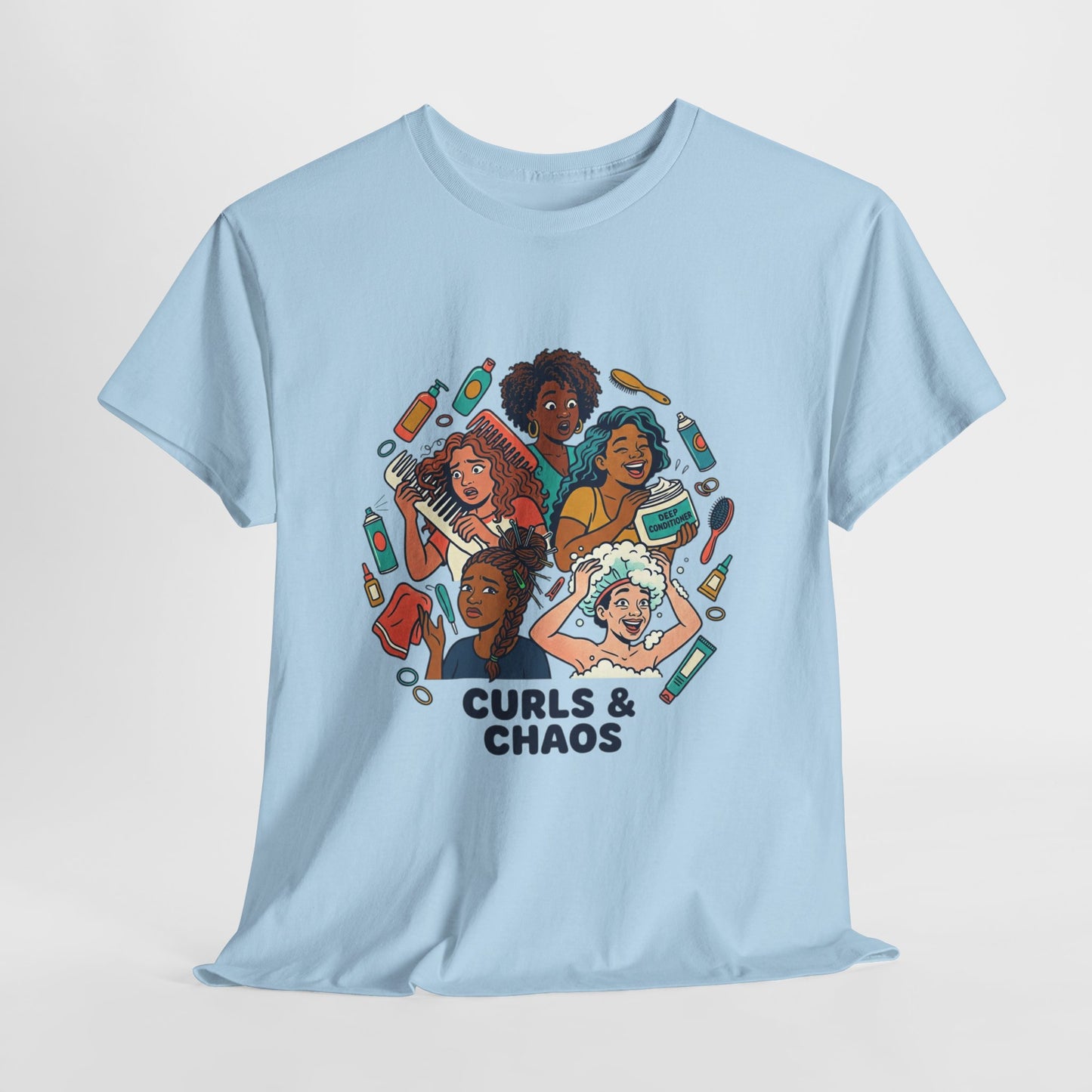Curls & Chaos T-Shirt — Diverse Natural Hair Graphic Tee for Curly Hair Lovers