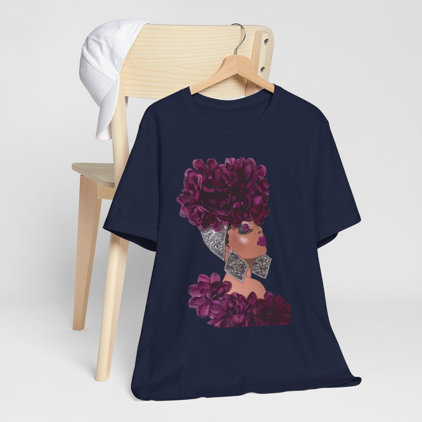 Floral Crown Fashion Tee — Glam Portrait Shirt with Purple Bloom Design