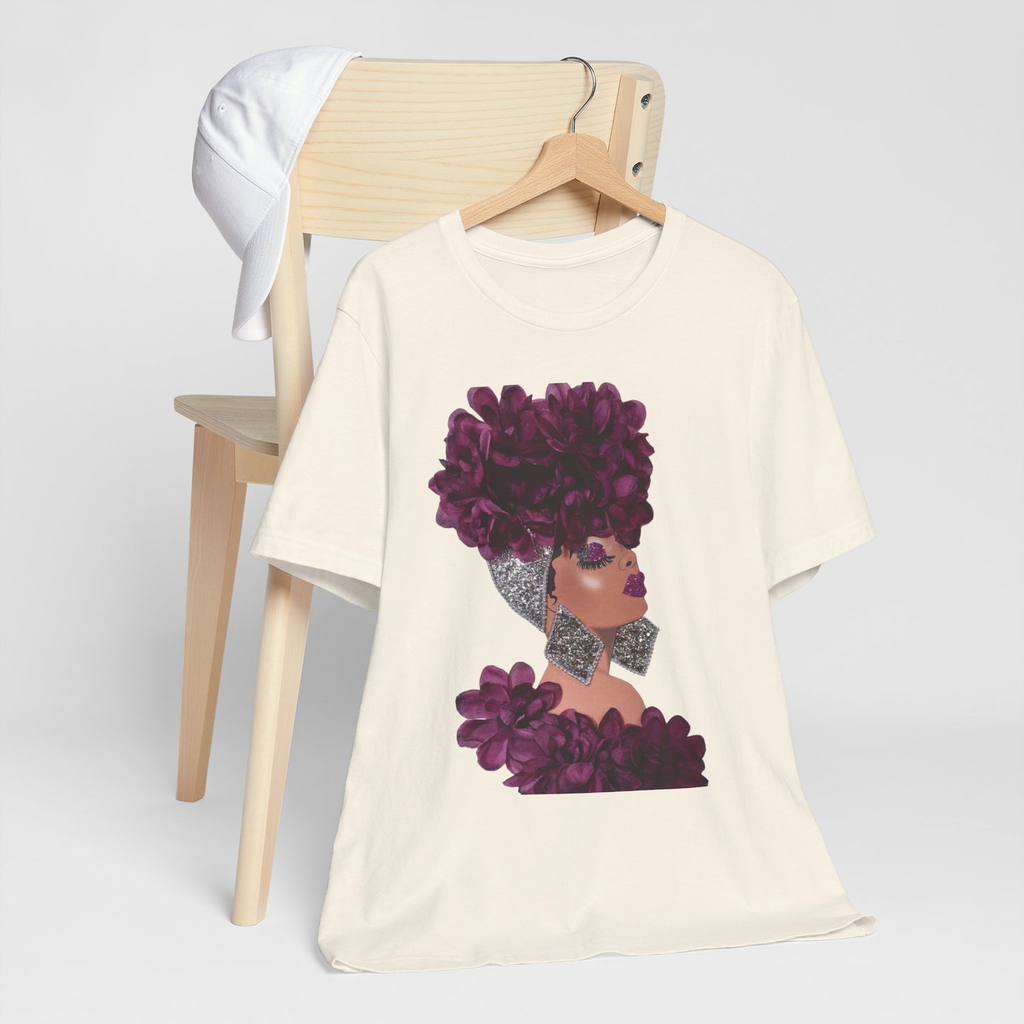 Floral Crown Fashion Tee — Glam Portrait Shirt with Purple Bloom Design