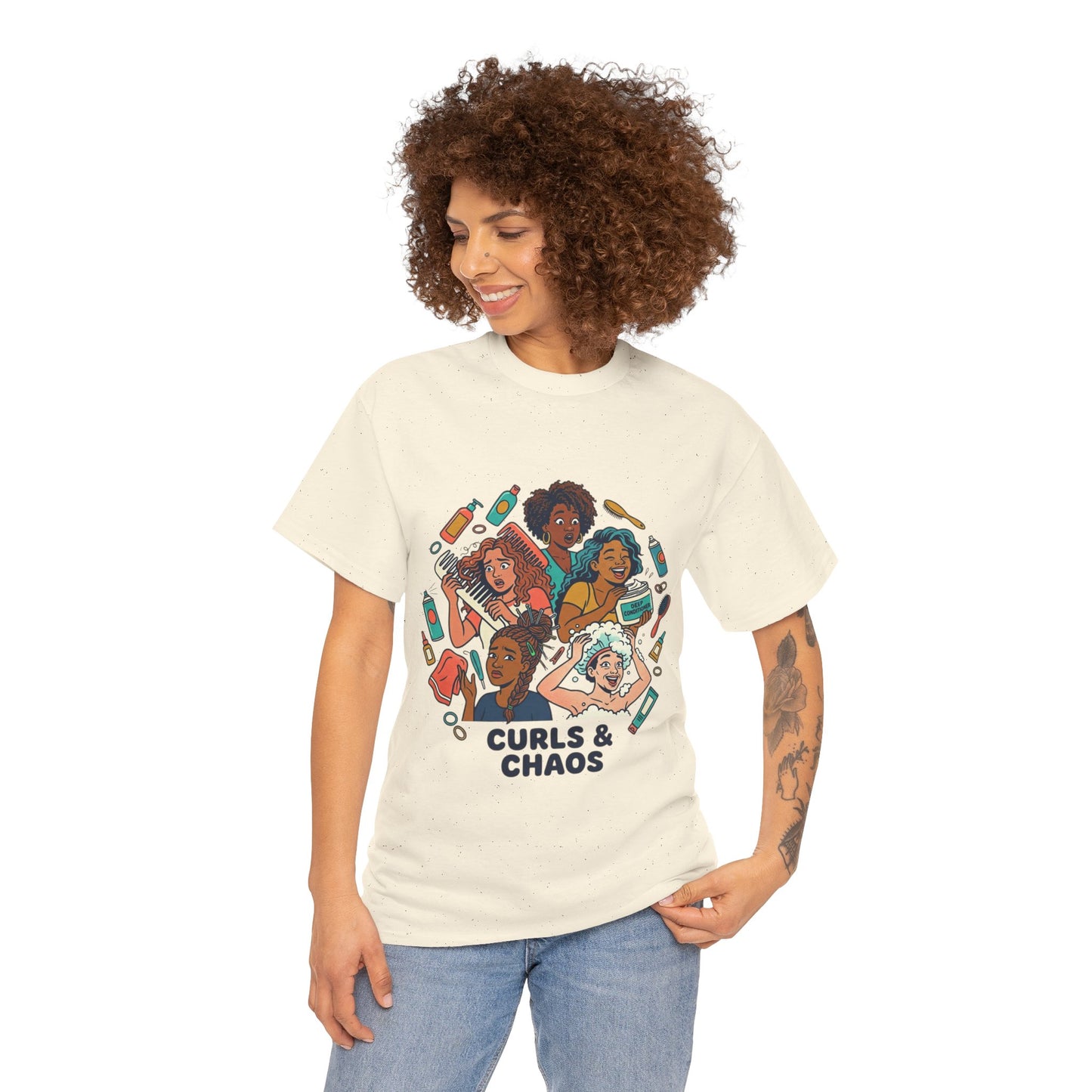 Curls & Chaos T-Shirt — Diverse Natural Hair Graphic Tee for Curly Hair Lovers