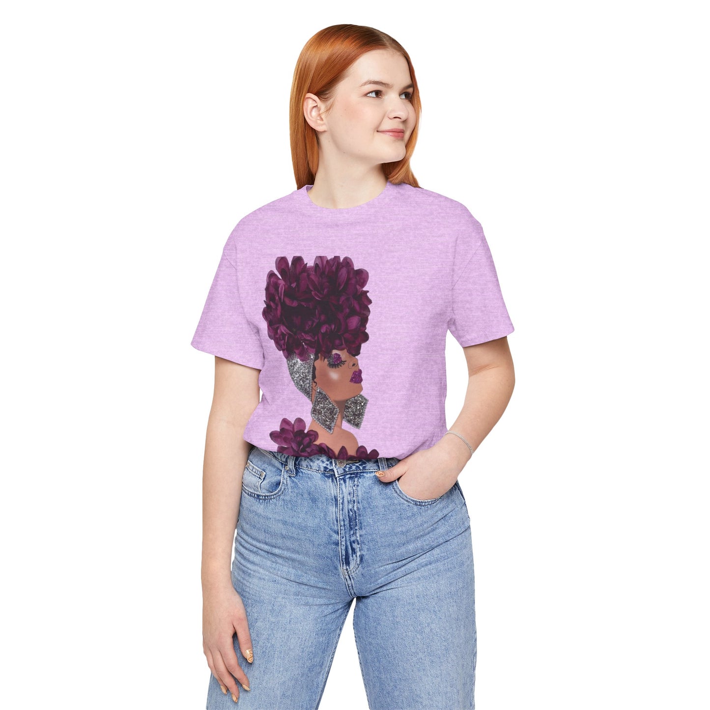 Floral Crown Fashion Tee — Glam Portrait Shirt with Purple Bloom Design