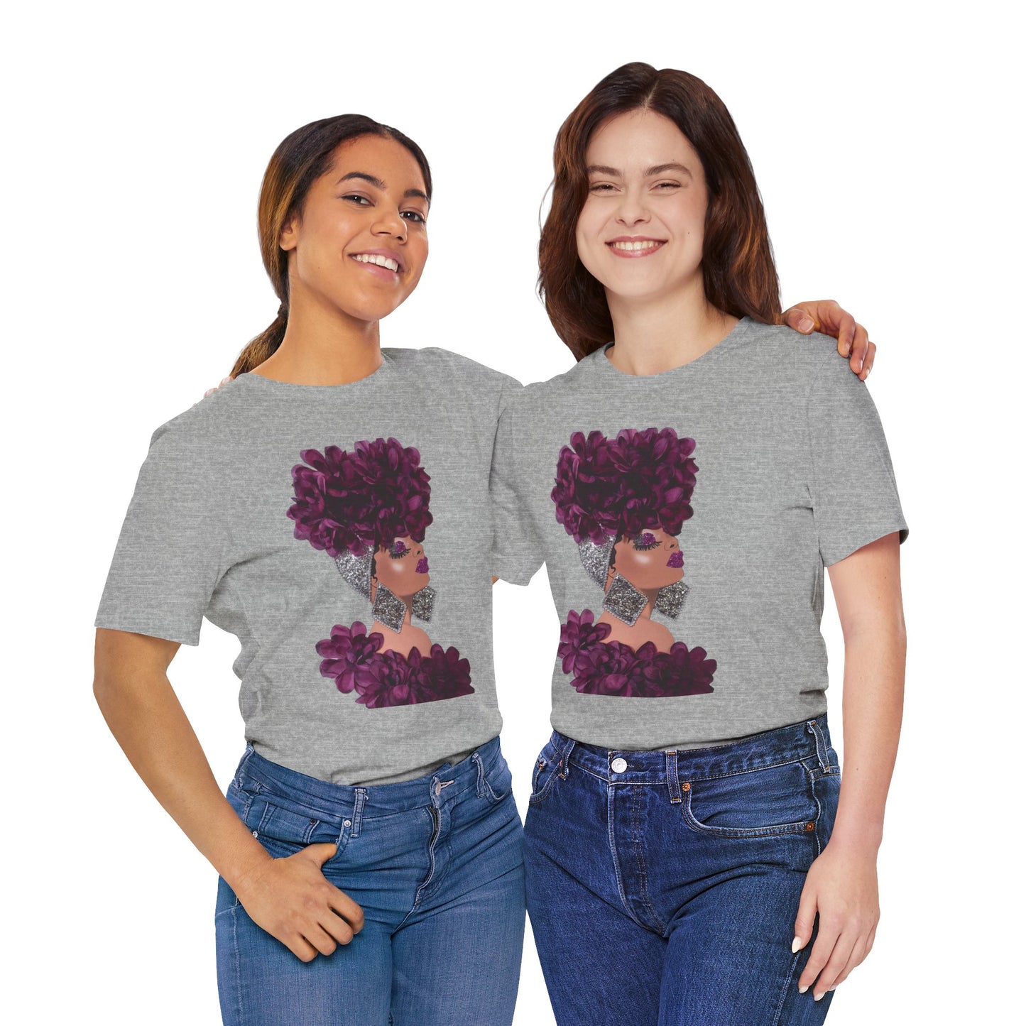 Floral Crown Fashion Tee — Glam Portrait Shirt with Purple Bloom Design