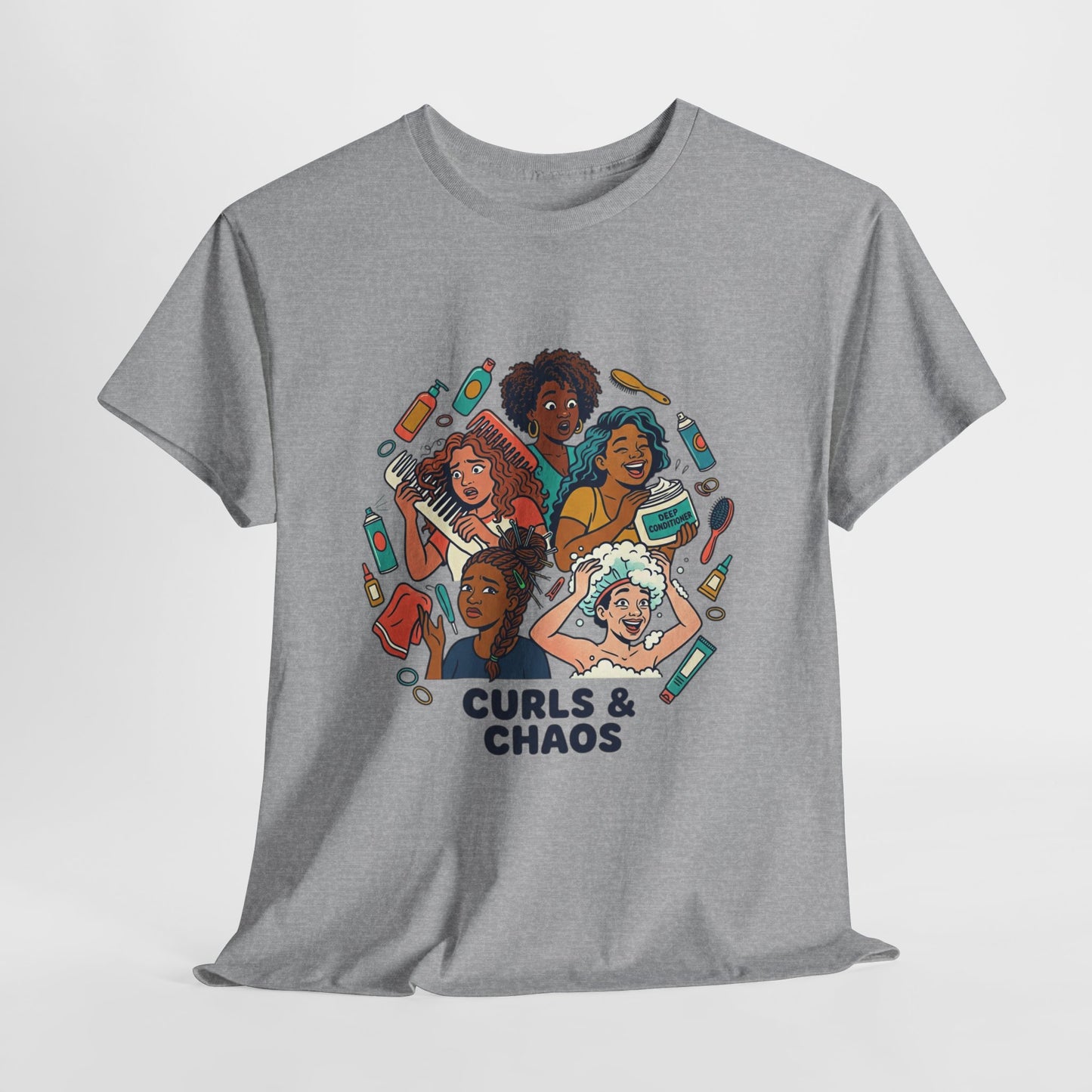 Curls & Chaos T-Shirt — Diverse Natural Hair Graphic Tee for Curly Hair Lovers