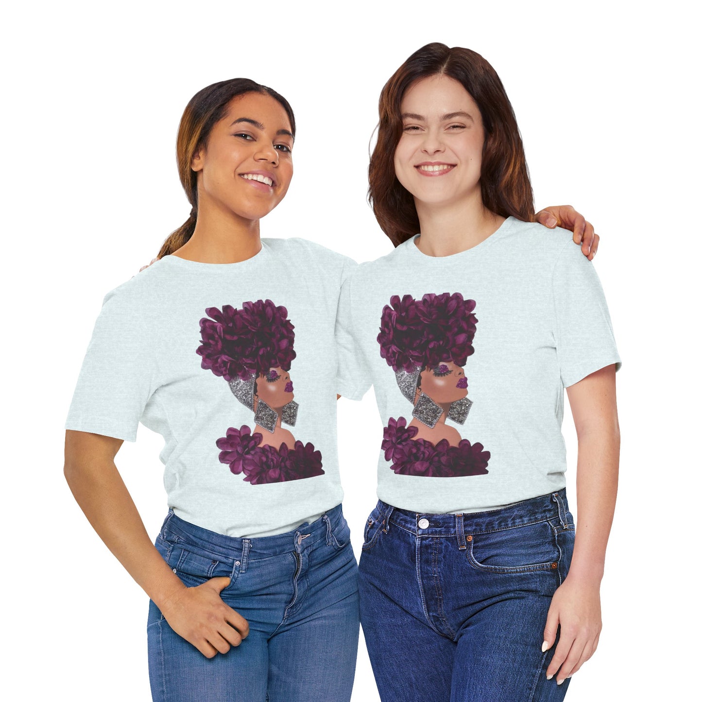 Floral Crown Fashion Tee — Glam Portrait Shirt with Purple Bloom Design