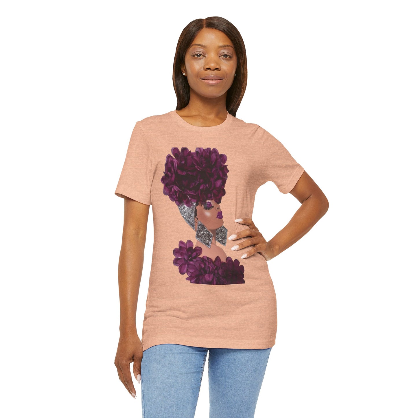 Floral Crown Fashion Tee — Glam Portrait Shirt with Purple Bloom Design