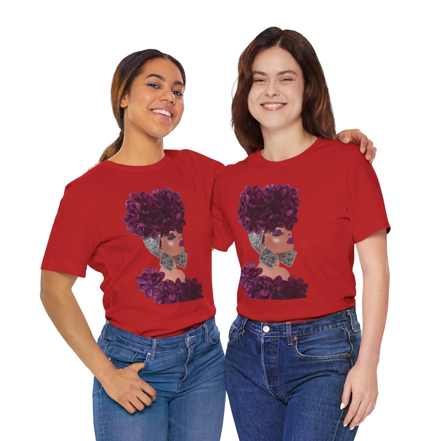 Floral Crown Fashion Tee — Glam Portrait Shirt with Purple Bloom Design