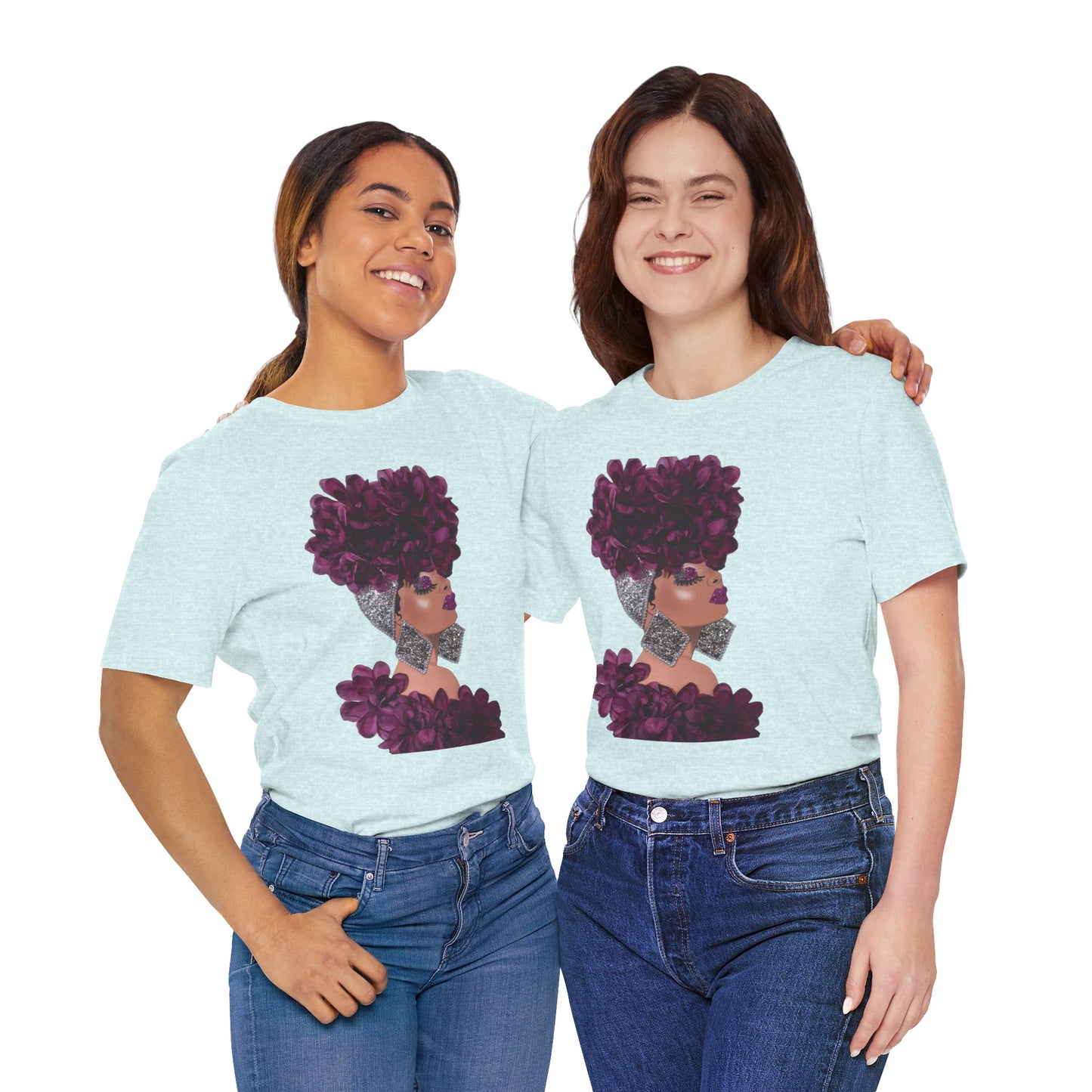 Floral Crown Fashion Tee — Glam Portrait Shirt with Purple Bloom Design