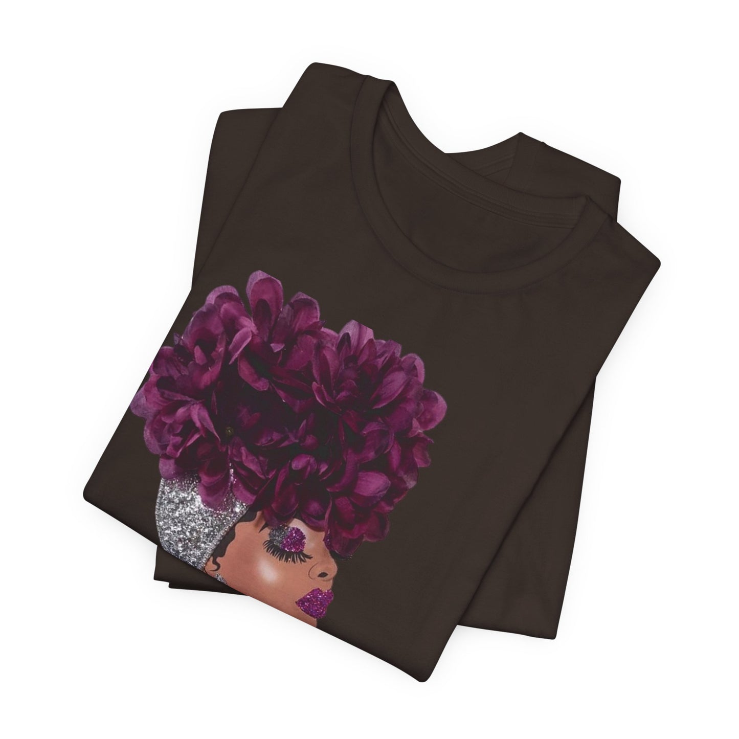 Floral Crown Fashion Tee — Glam Portrait Shirt with Purple Bloom Design
