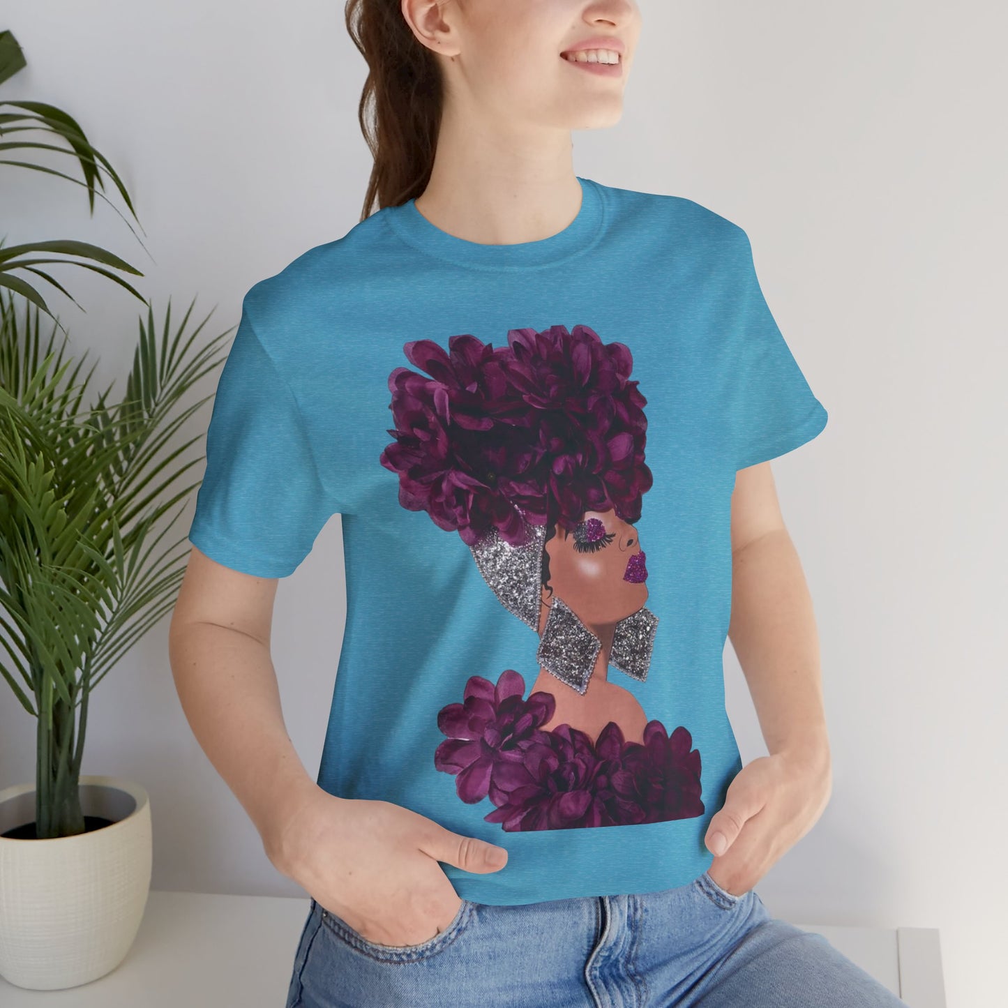 Floral Crown Fashion Tee — Glam Portrait Shirt with Purple Bloom Design