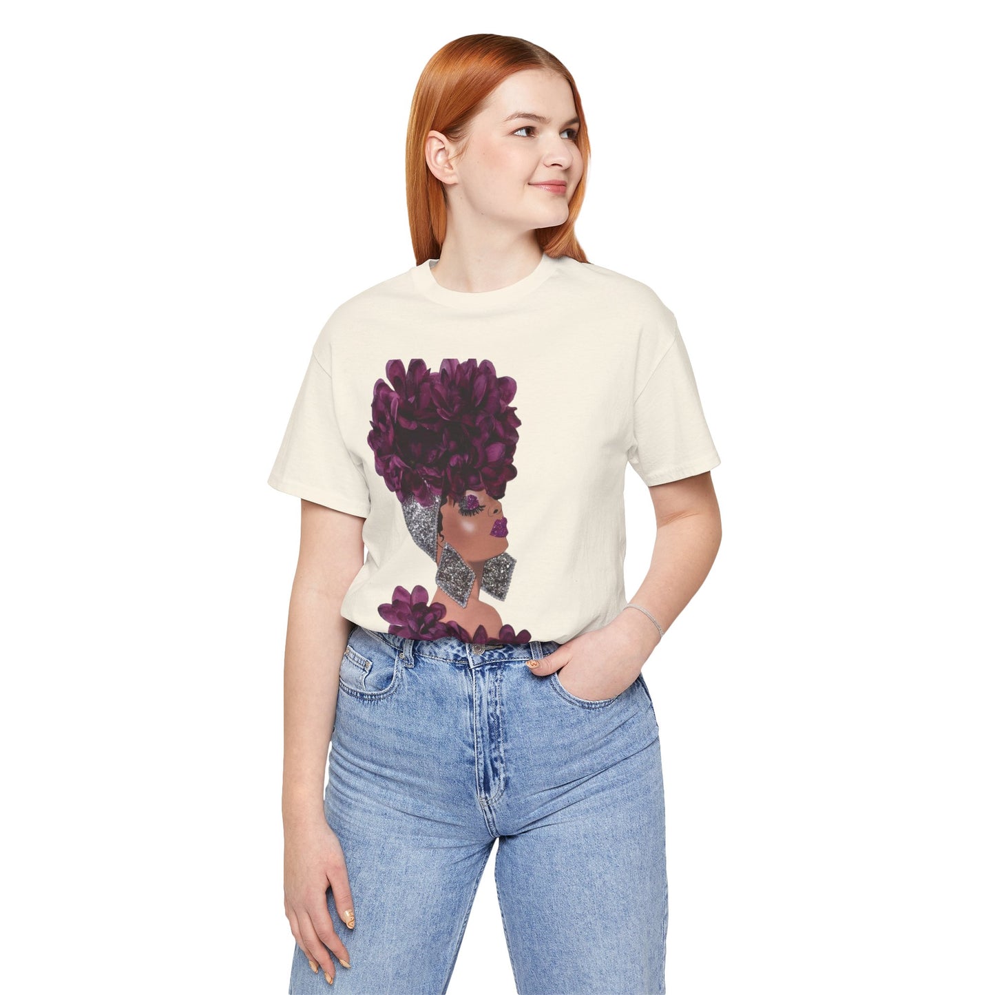 Floral Crown Fashion Tee — Glam Portrait Shirt with Purple Bloom Design