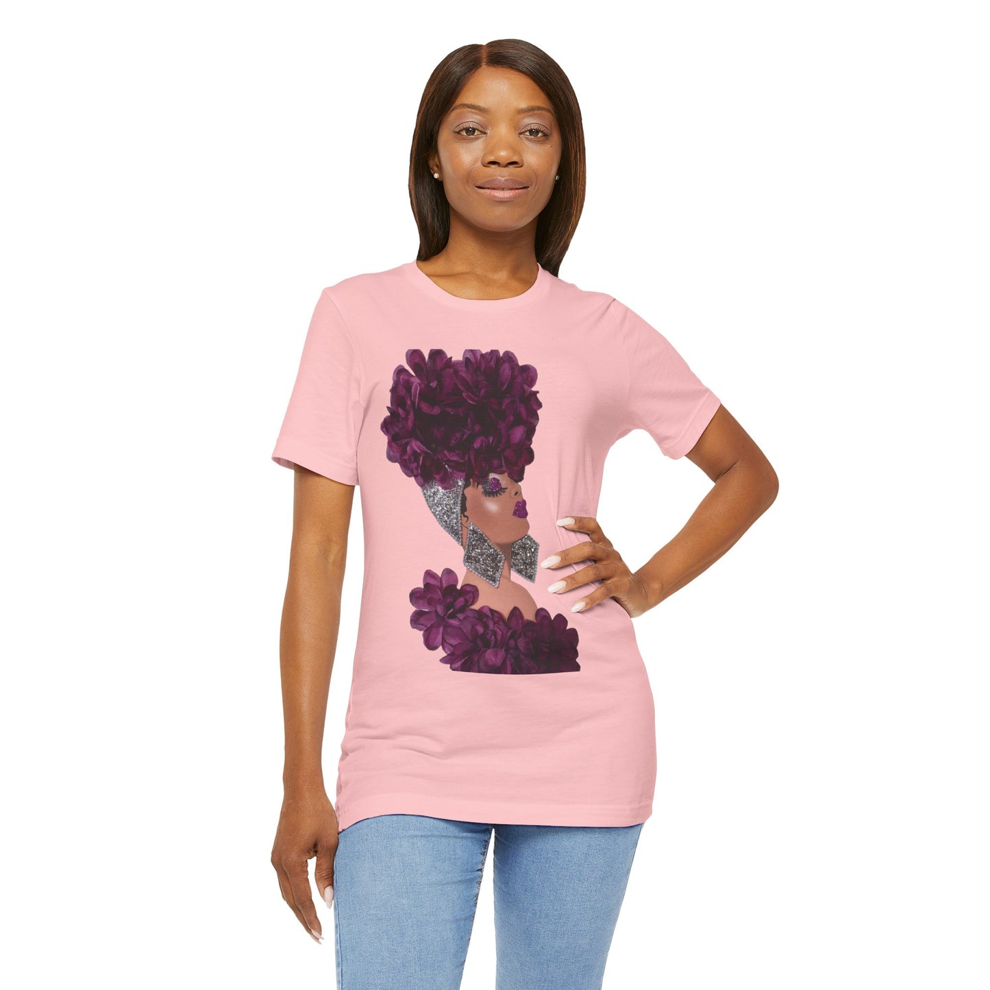 Floral Crown Fashion Tee — Glam Portrait Shirt with Purple Bloom Design