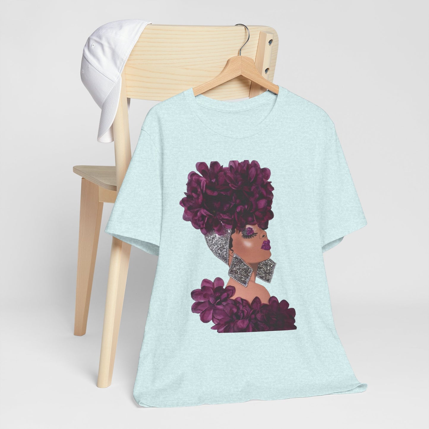 Floral Crown Fashion Tee — Glam Portrait Shirt with Purple Bloom Design