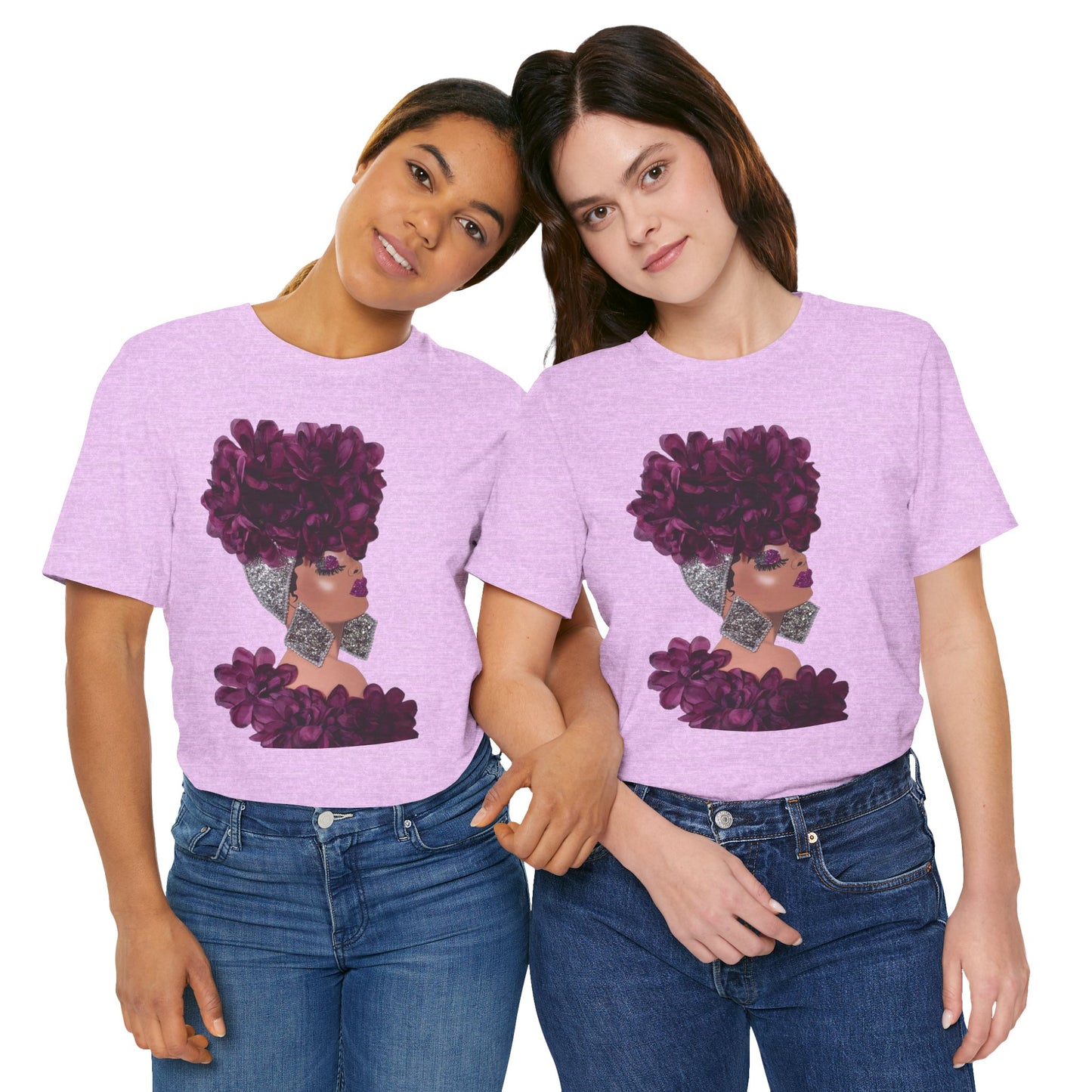 Floral Crown Fashion Tee — Glam Portrait Shirt with Purple Bloom Design