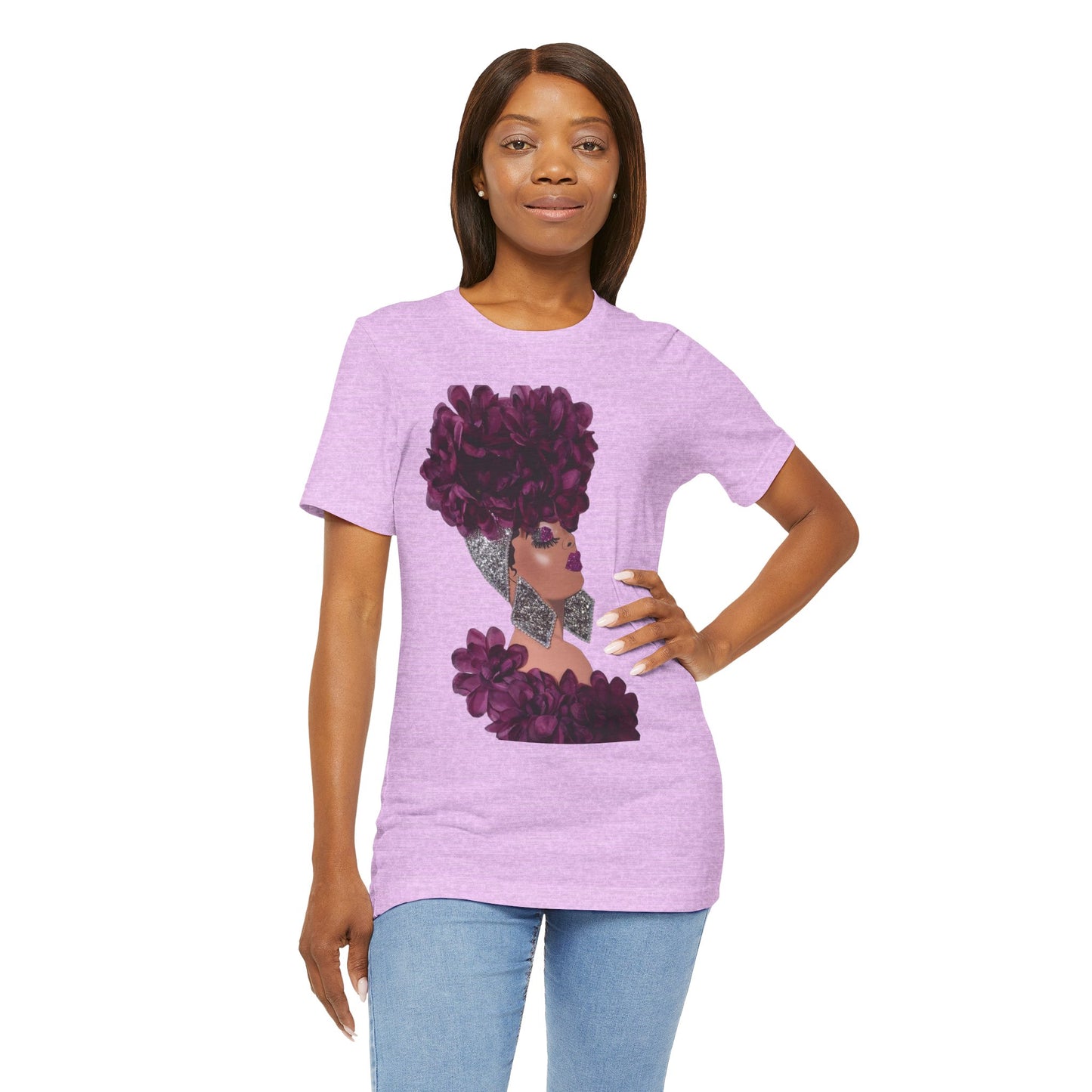 Floral Crown Fashion Tee — Glam Portrait Shirt with Purple Bloom Design