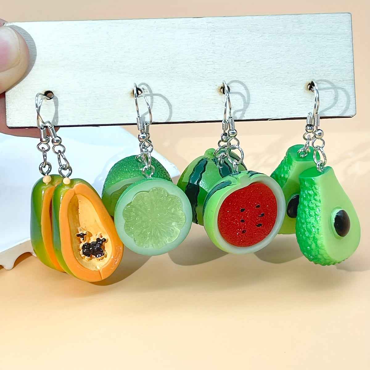 4 Pairs of Cute Resin Watermelon, Lemon, Avocado, and Papaya Funny Pendant Earrings Set for St, Patrick'S Day