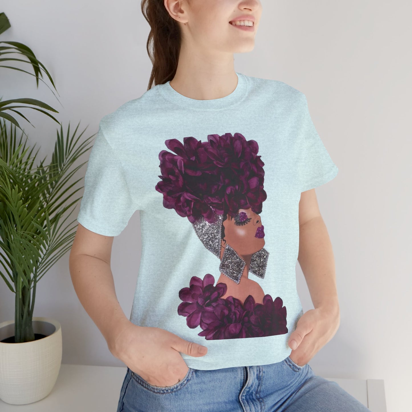 Floral Crown Fashion Tee — Glam Portrait Shirt with Purple Bloom Design