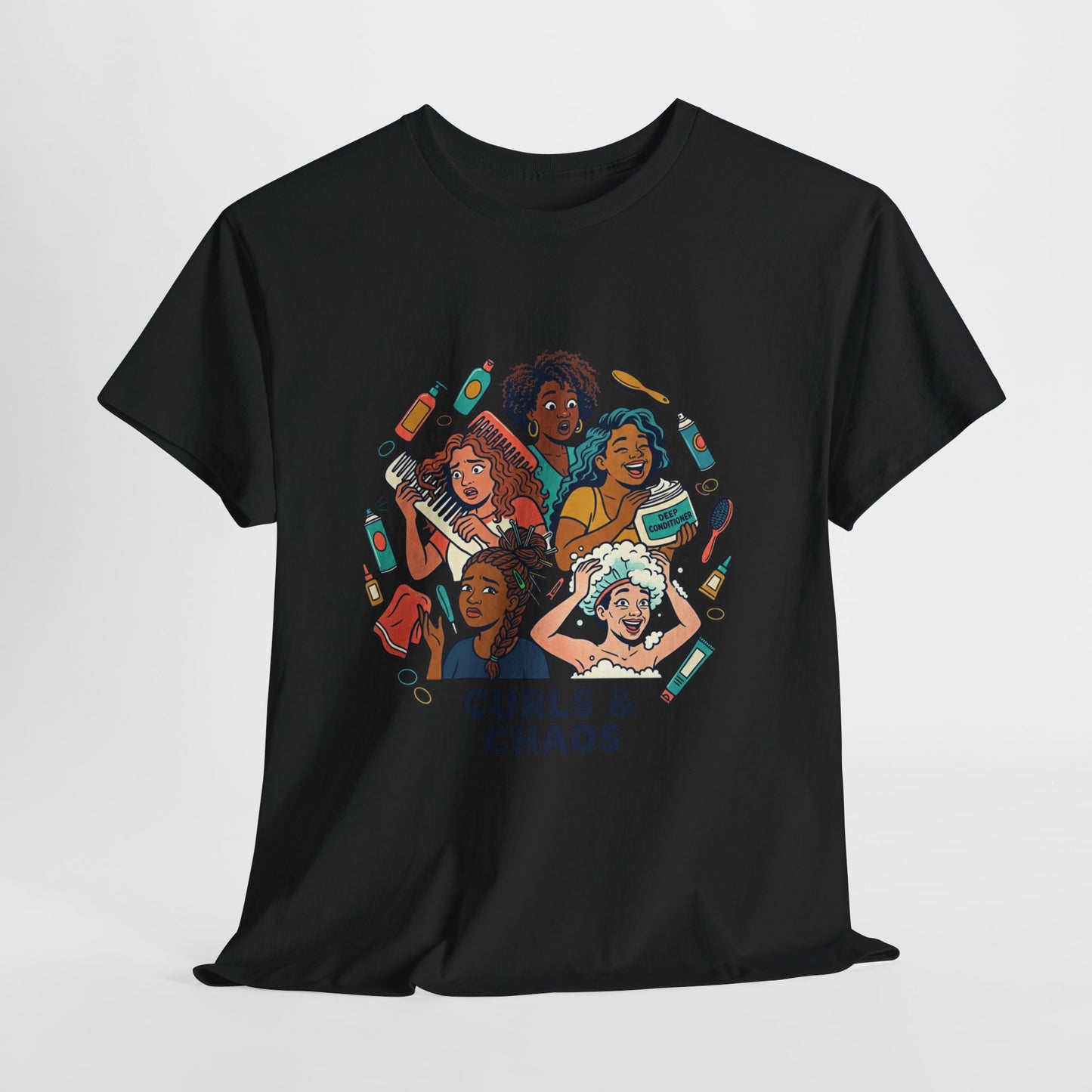 Curls & Chaos T-Shirt — Diverse Natural Hair Graphic Tee for Curly Hair Lovers