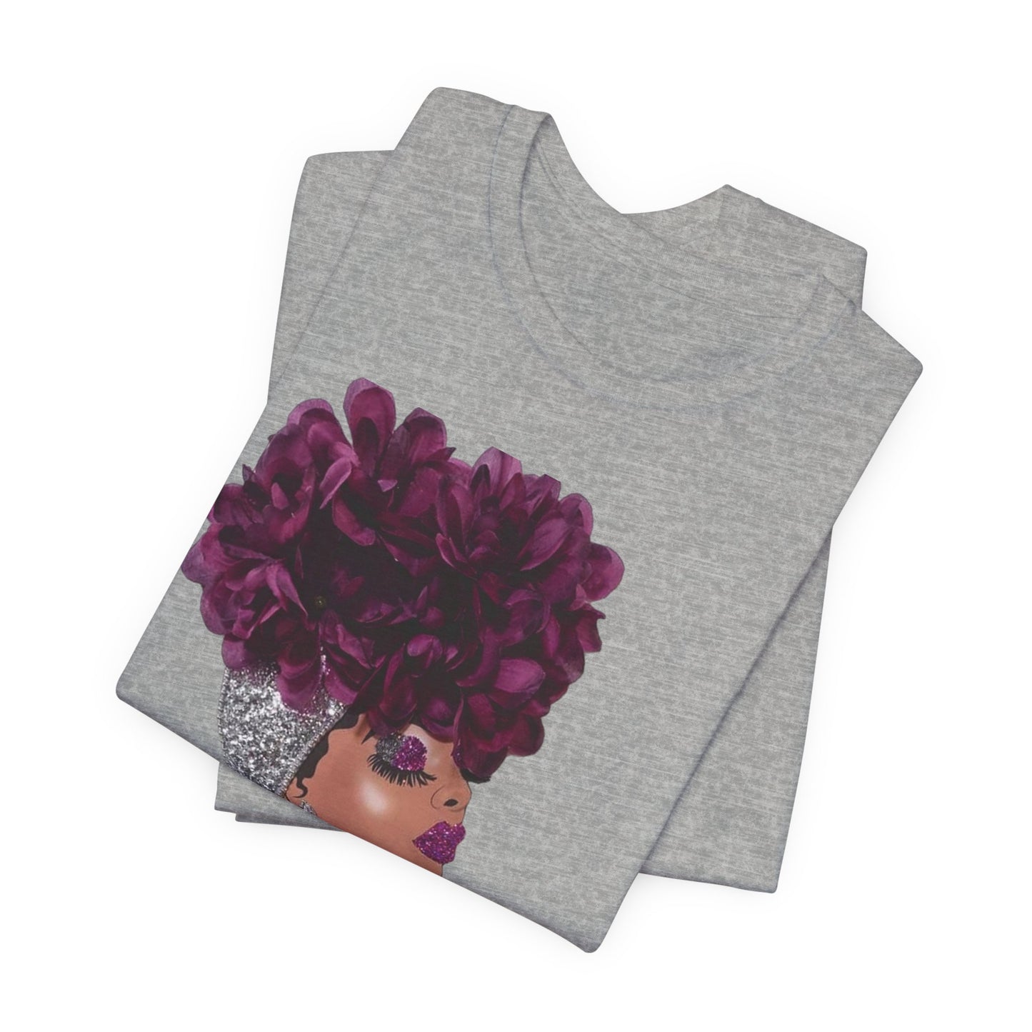 Floral Crown Fashion Tee — Glam Portrait Shirt with Purple Bloom Design