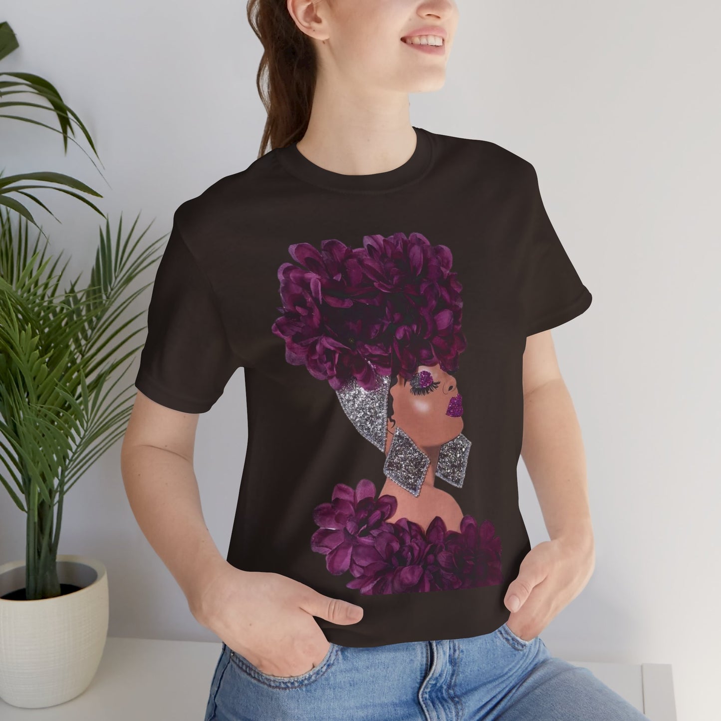 Floral Crown Fashion Tee — Glam Portrait Shirt with Purple Bloom Design