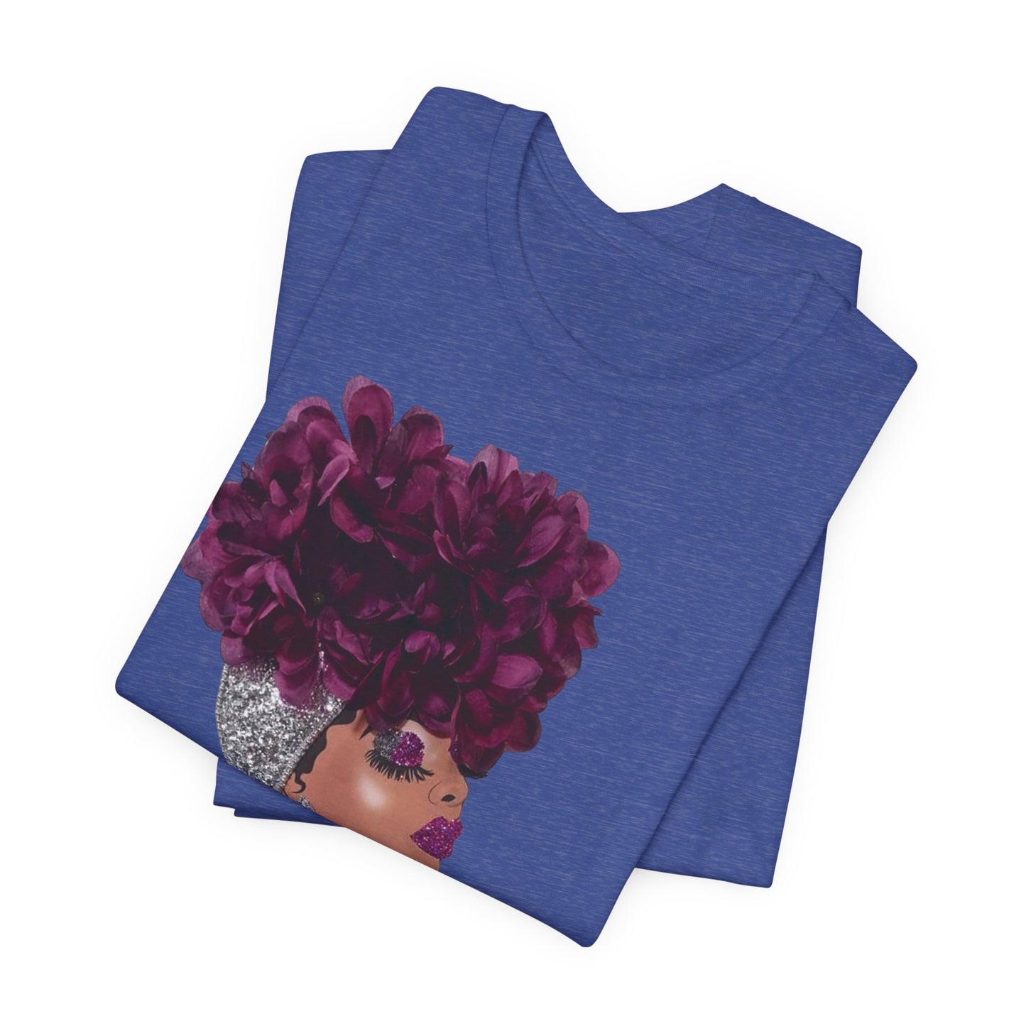 Floral Crown Fashion Tee — Glam Portrait Shirt with Purple Bloom Design