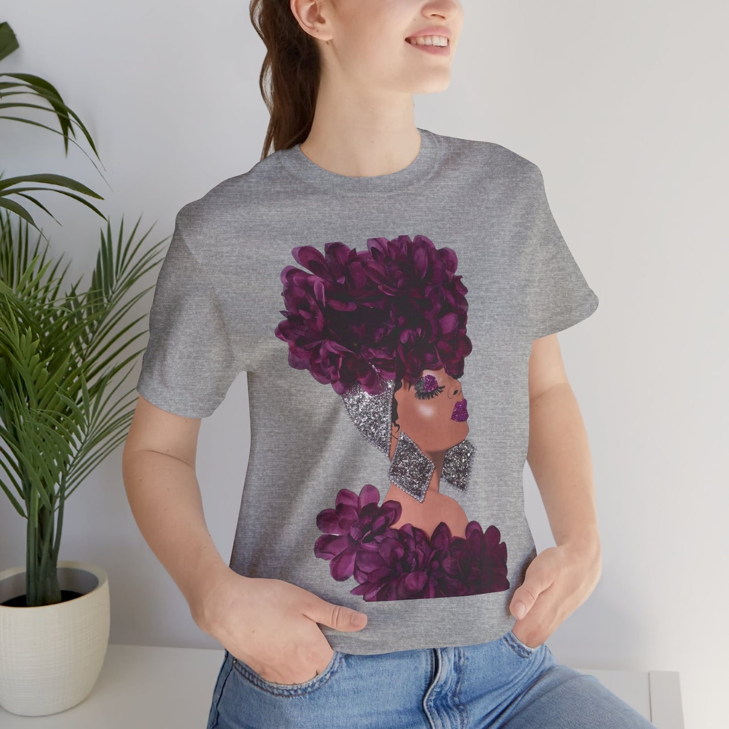 Floral Crown Fashion Tee — Glam Portrait Shirt with Purple Bloom Design