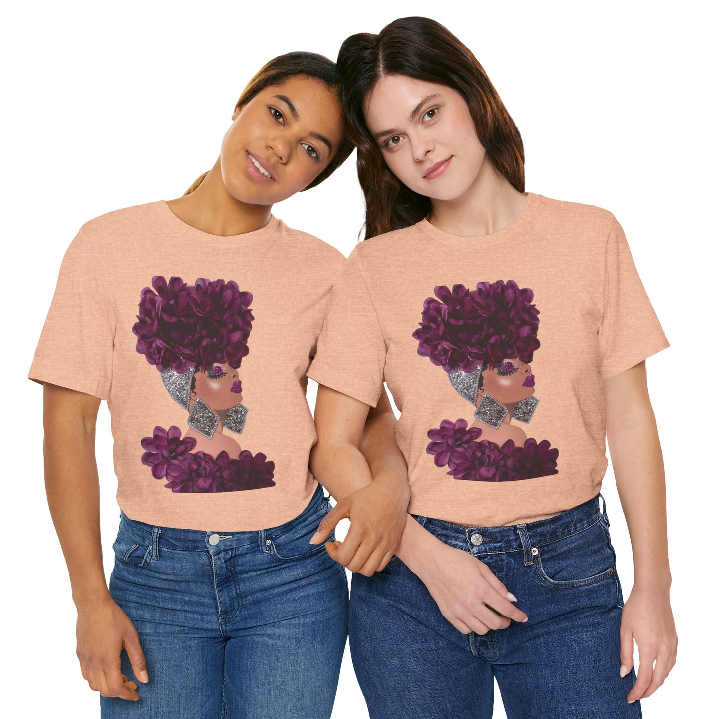 Floral Crown Fashion Tee — Glam Portrait Shirt with Purple Bloom Design