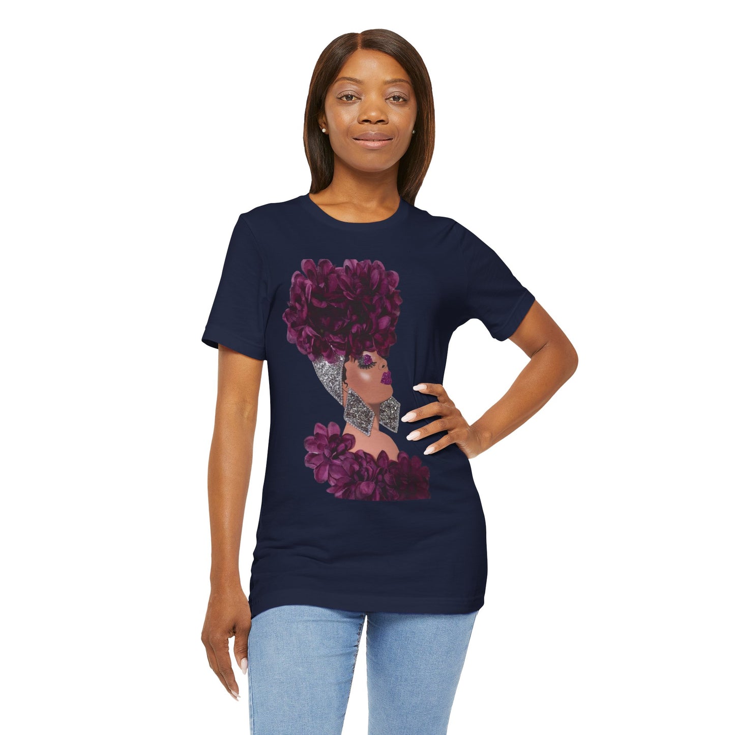 Floral Crown Fashion Tee — Glam Portrait Shirt with Purple Bloom Design