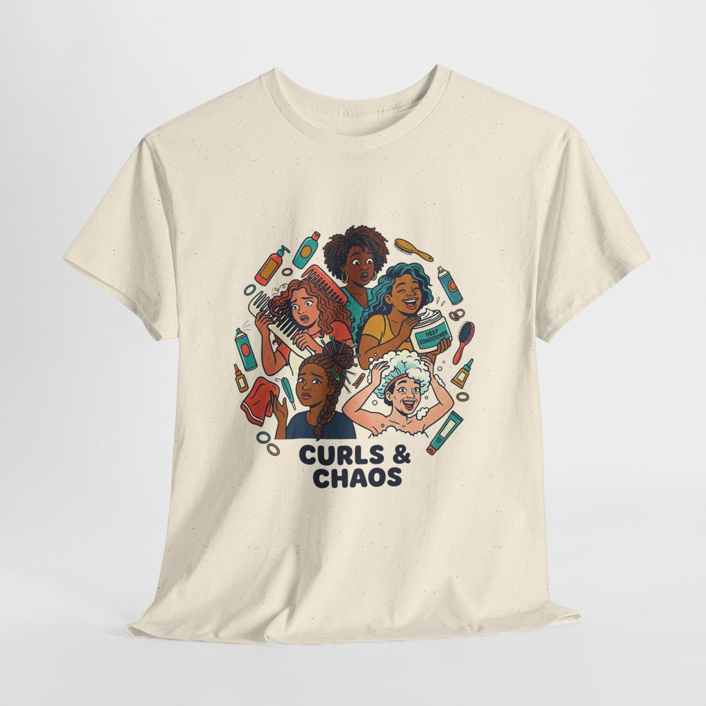 Curls & Chaos T-Shirt — Diverse Natural Hair Graphic Tee for Curly Hair Lovers