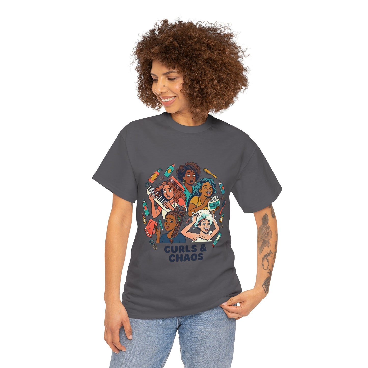 Curls & Chaos T-Shirt — Diverse Natural Hair Graphic Tee for Curly Hair Lovers