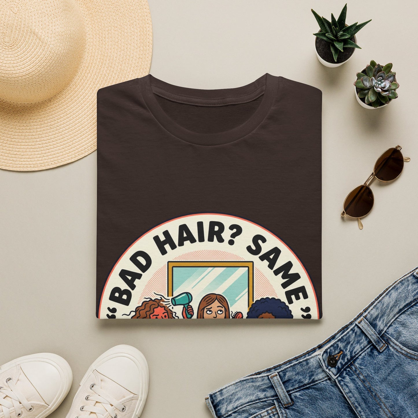 T-Shirt — "Bad Hair? Same. Every. Single. Morning." Graphic Tee for Women