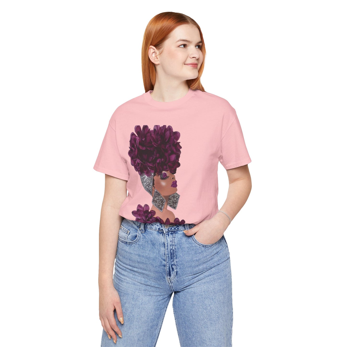Floral Crown Fashion Tee — Glam Portrait Shirt with Purple Bloom Design