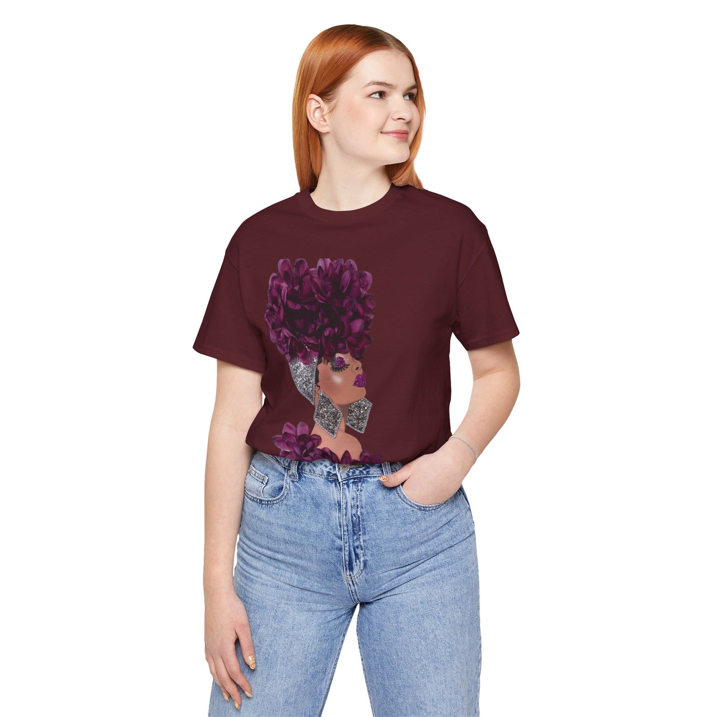 Floral Crown Fashion Tee — Glam Portrait Shirt with Purple Bloom Design