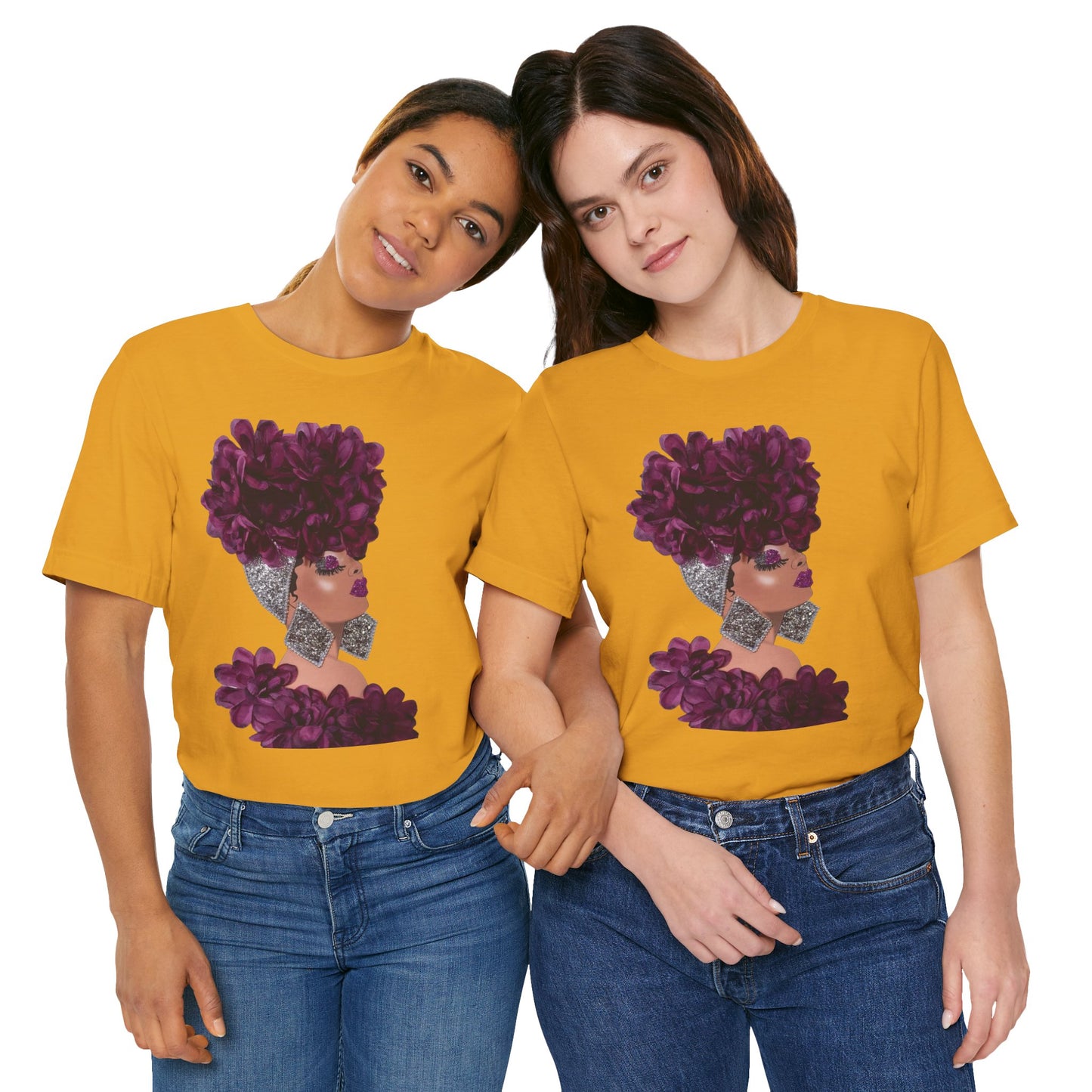 Floral Crown Fashion Tee — Glam Portrait Shirt with Purple Bloom Design