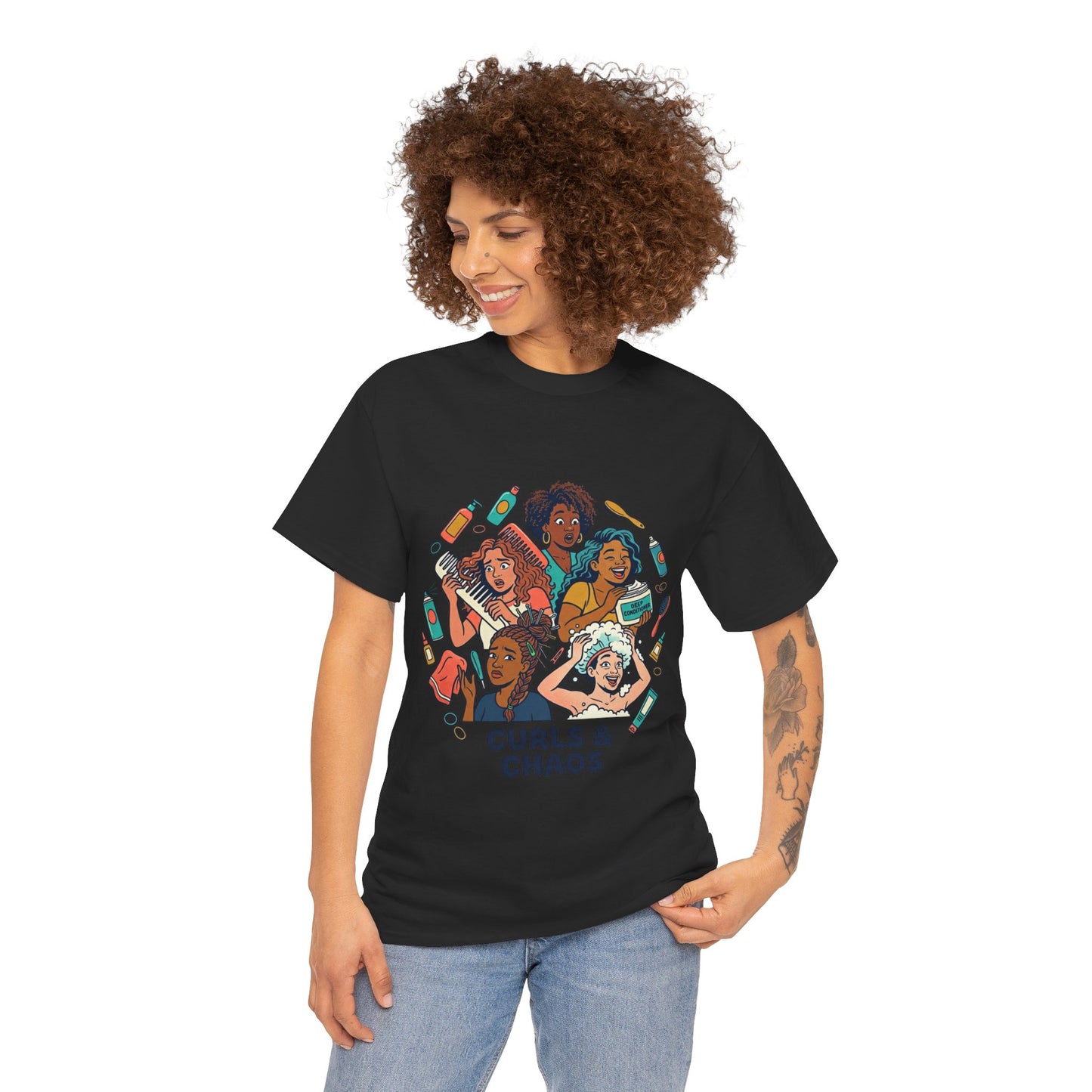 Curls & Chaos T-Shirt — Diverse Natural Hair Graphic Tee for Curly Hair Lovers