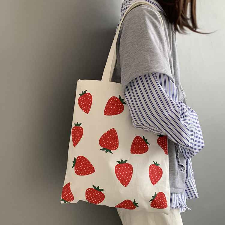 Large Capacity Strawberry Print Canvas Bag