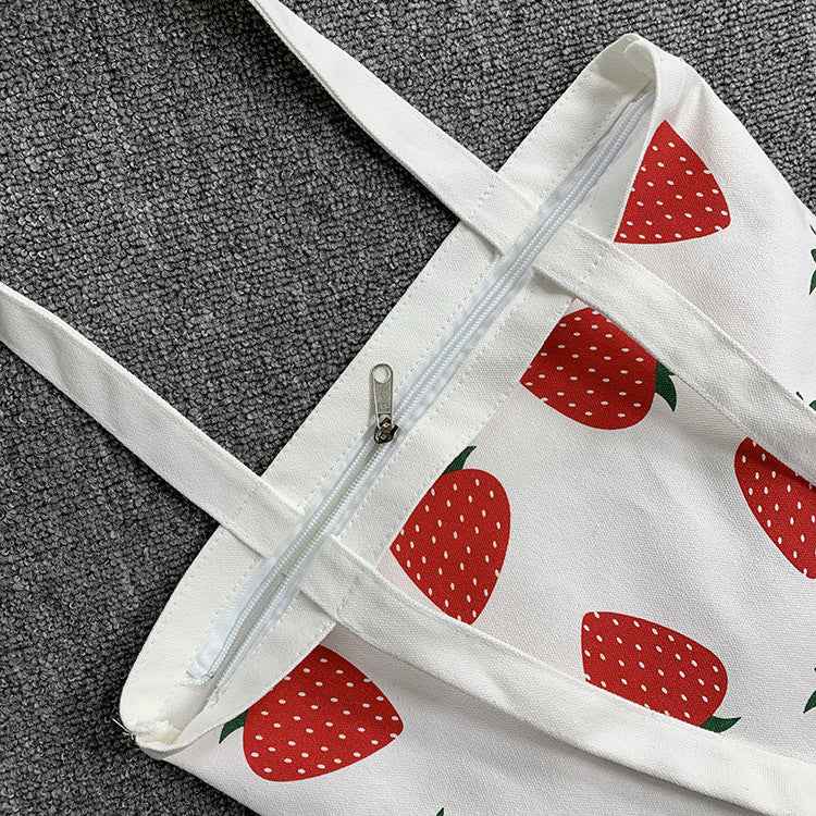 Large Capacity Strawberry Print Canvas Bag