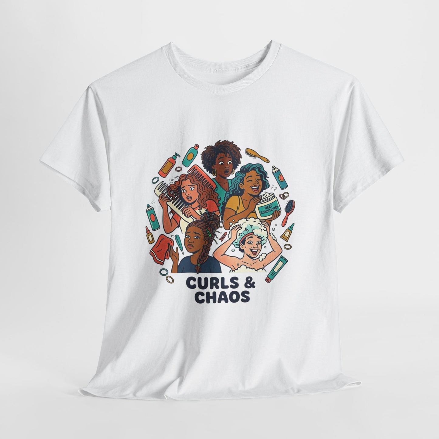 Curls & Chaos T-Shirt — Diverse Natural Hair Graphic Tee for Curly Hair Lovers