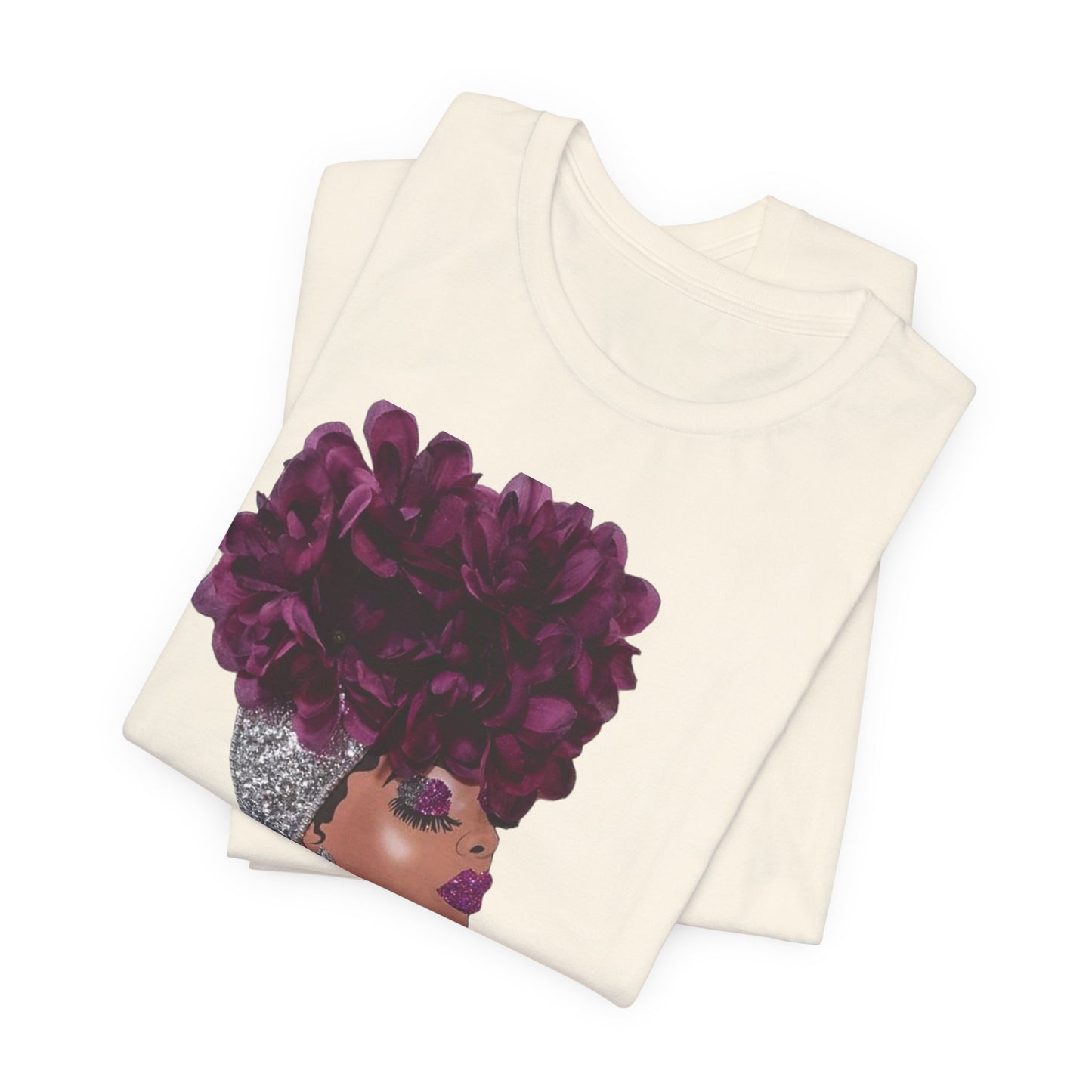 Floral Crown Fashion Tee — Glam Portrait Shirt with Purple Bloom Design