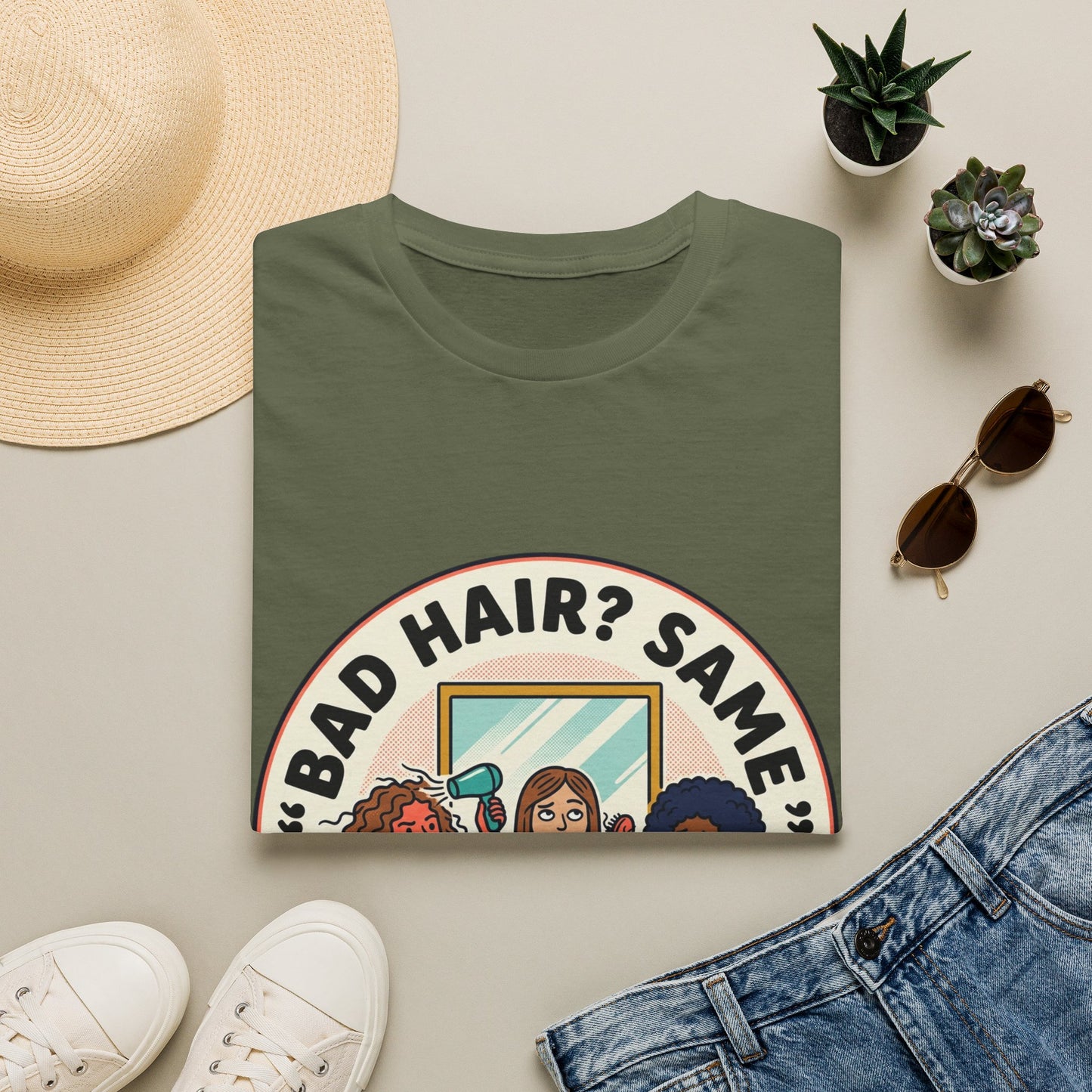 T-Shirt — "Bad Hair? Same. Every. Single. Morning." Graphic Tee for Women