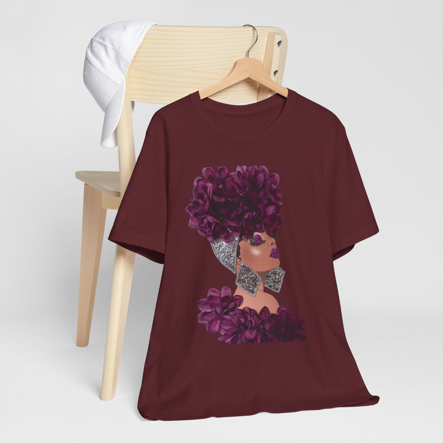 Floral Crown Fashion Tee — Glam Portrait Shirt with Purple Bloom Design