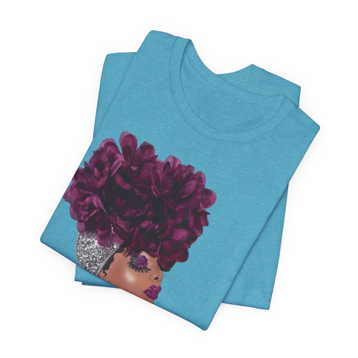 Floral Crown Fashion Tee — Glam Portrait Shirt with Purple Bloom Design