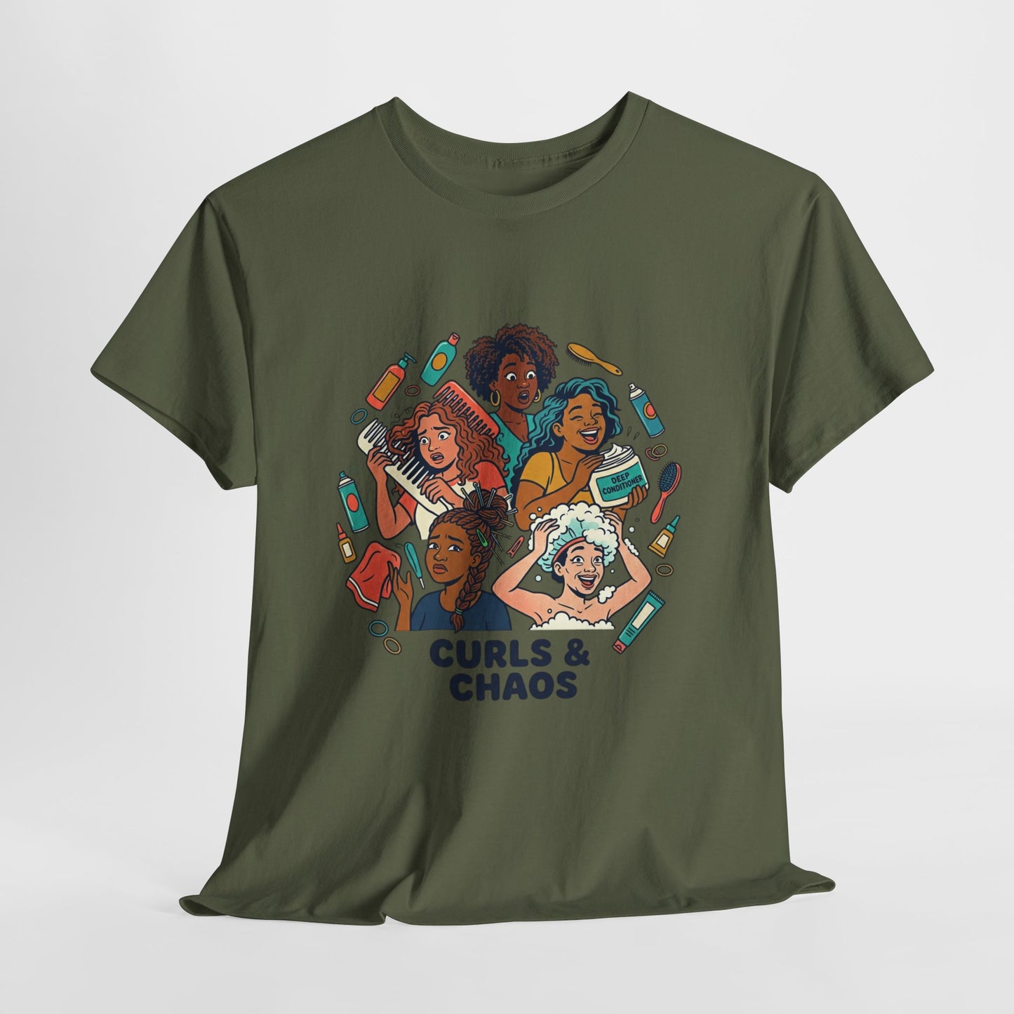 Curls & Chaos T-Shirt — Diverse Natural Hair Graphic Tee for Curly Hair Lovers