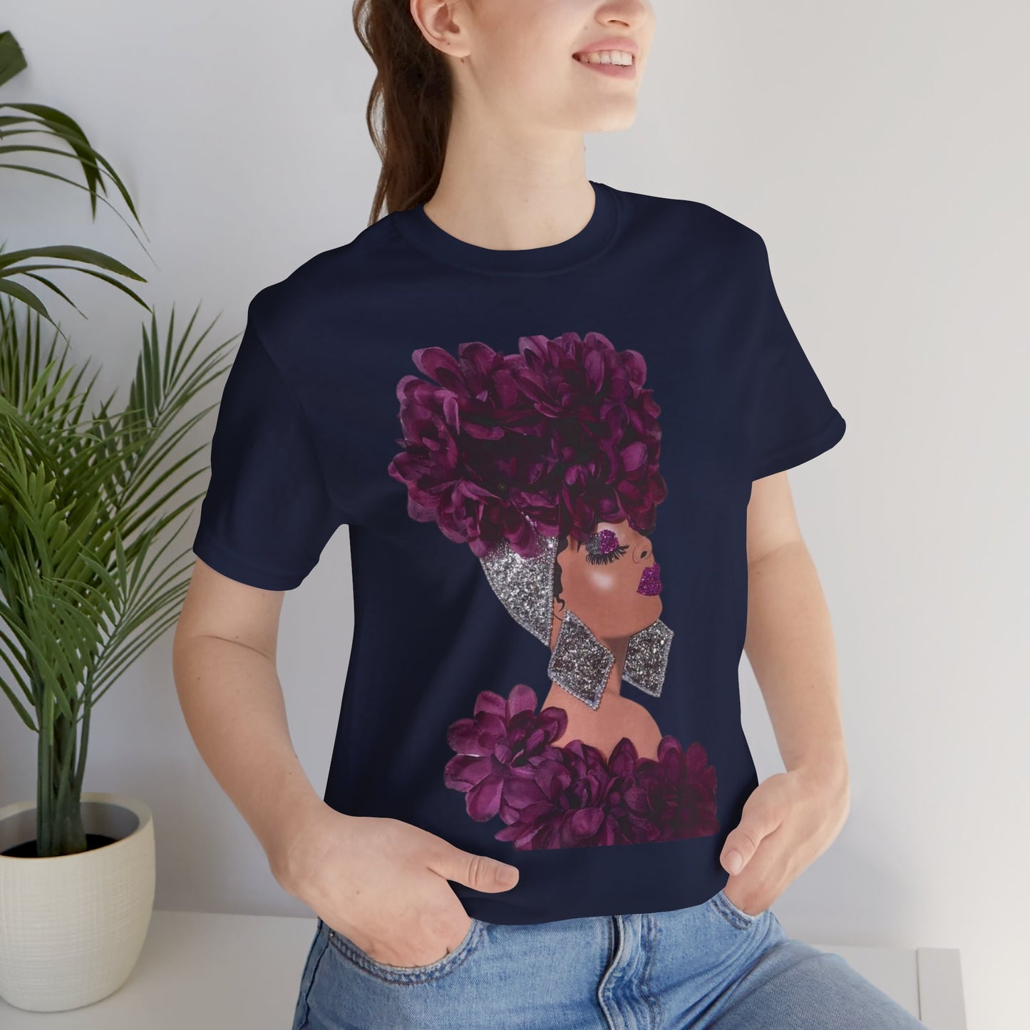 Floral Crown Fashion Tee — Glam Portrait Shirt with Purple Bloom Design